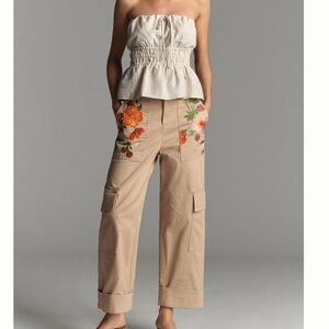 Anthropologie Floral Embroidered Cargo Pants